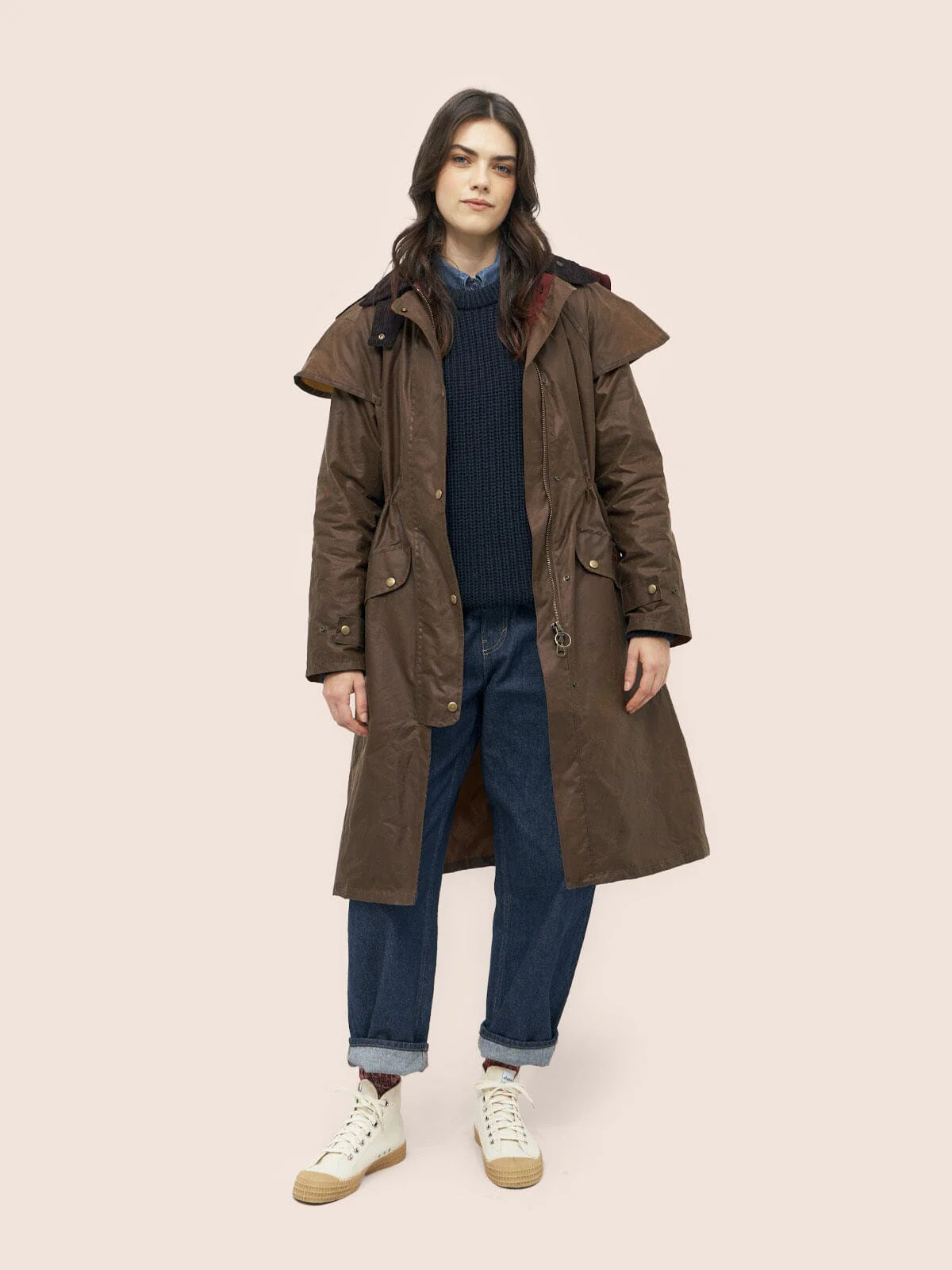 Bala Made in England Waxed Cotton Long Trench Coat in Dark Tan