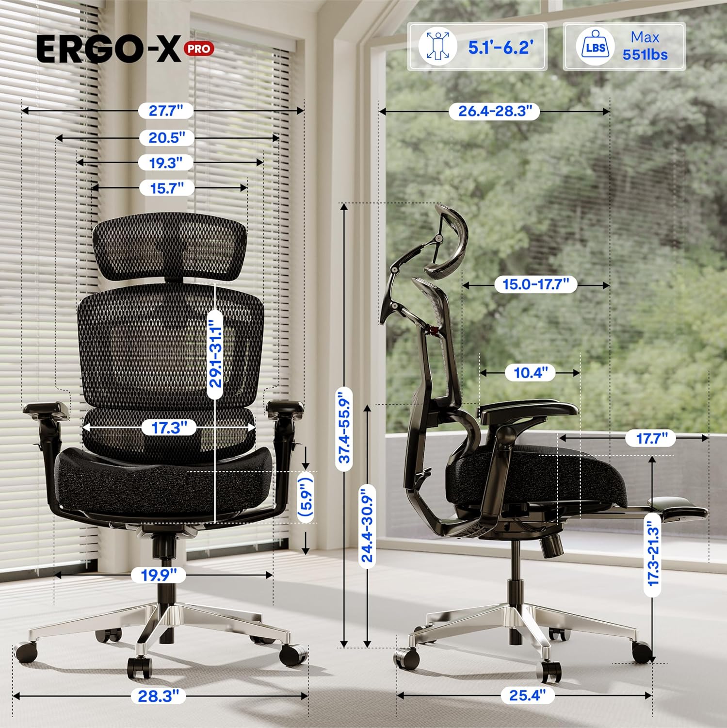 FLEXISPOT ErgoX-PRO Ergonomic Office Chair with Footrest Black – Cloudtech Cushion, 5D Lumbar, 7D Armrests, 4D Headrest, 551LBS Capacity – Office, Gaming, Home