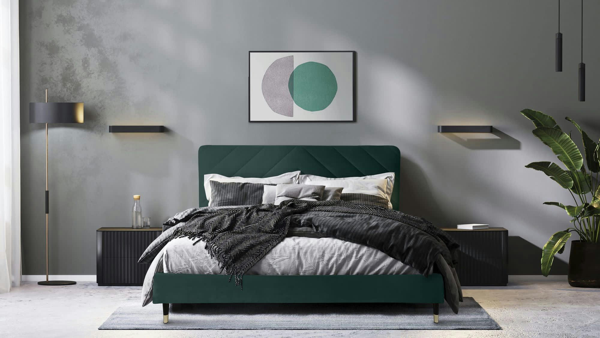 BARRY - Lit avec matelas 2 places  en velours vert bouteille 140x190