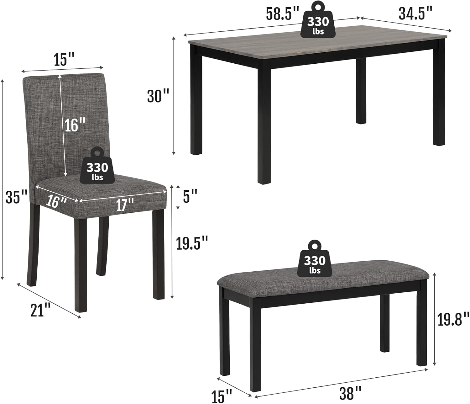 Zevemomo 6-Piece Solid Wood Dining Table Set, Including 1 Dining Table, 4 Upholstered Chairs and 1 Bench, Wooden Legs Dining Table Set for Dining Room, Kitchen, Restaurant, Dark Grey