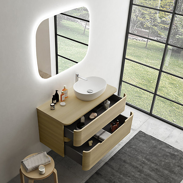 Ensemble de salle de bains L.104 cm meuble sous vasque version droite   plan de toilette décor chêne clair, Alba