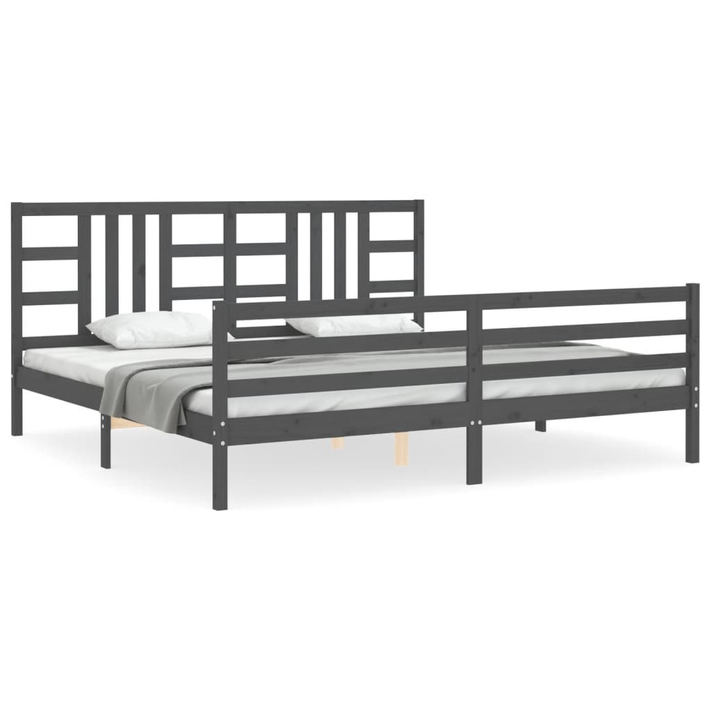 Rama łóżka z wezgłowiem szara 200x200 cm lite drewno