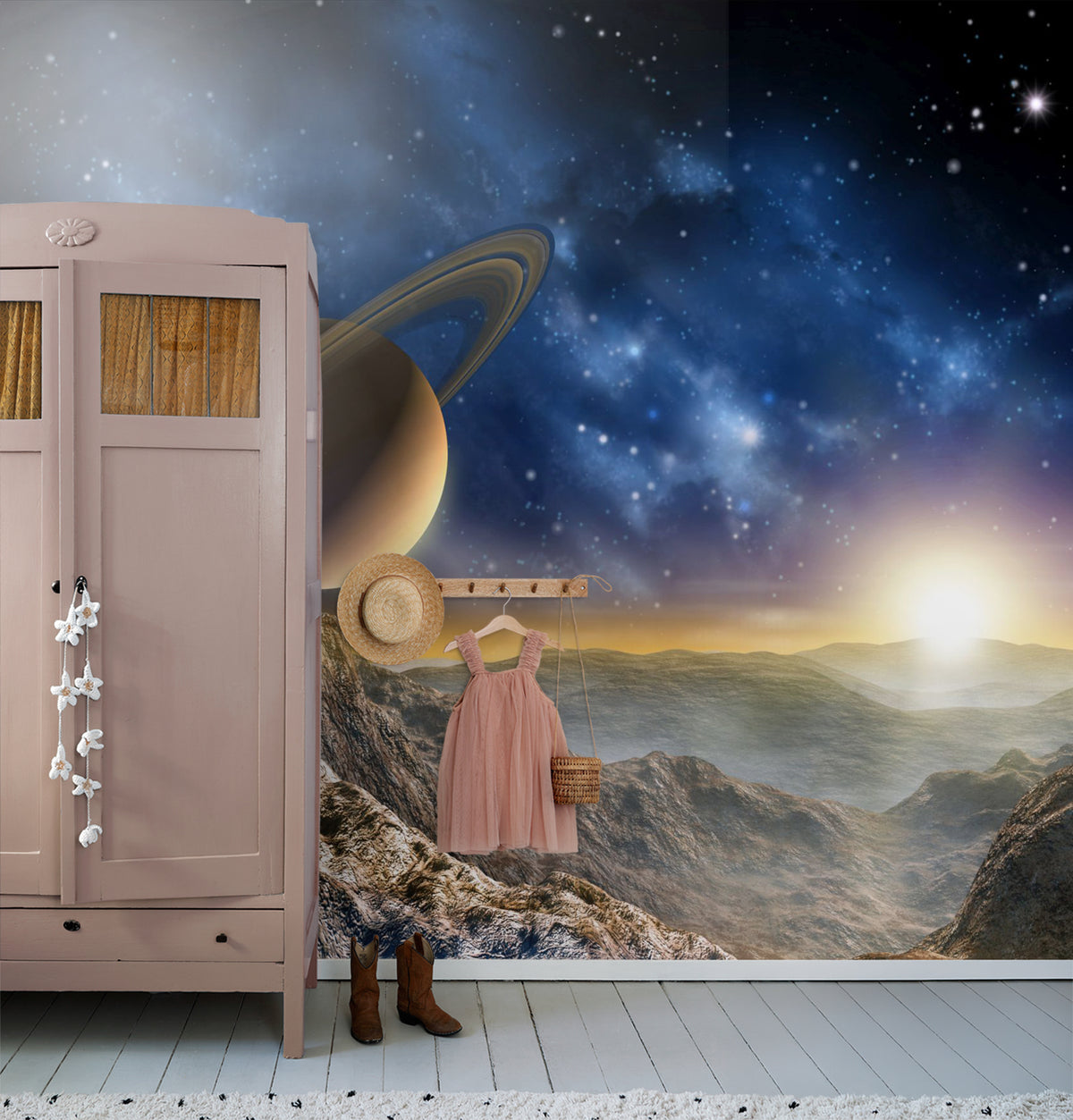 Sanders & Sanders fotobehang planeten in de ruimte blauw en beige - 375 x 270 cm - 600489