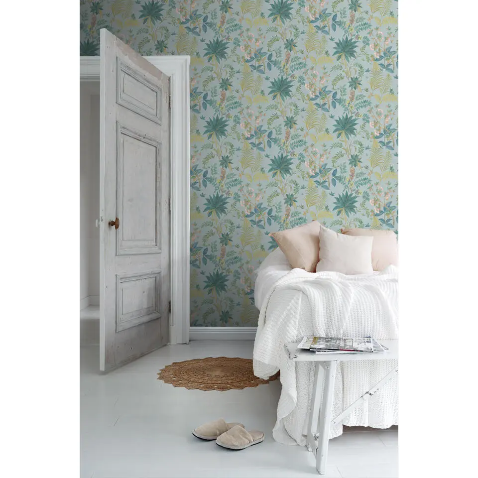 Sanders & Sanders behang tropische bladeren blauw, groen en geel