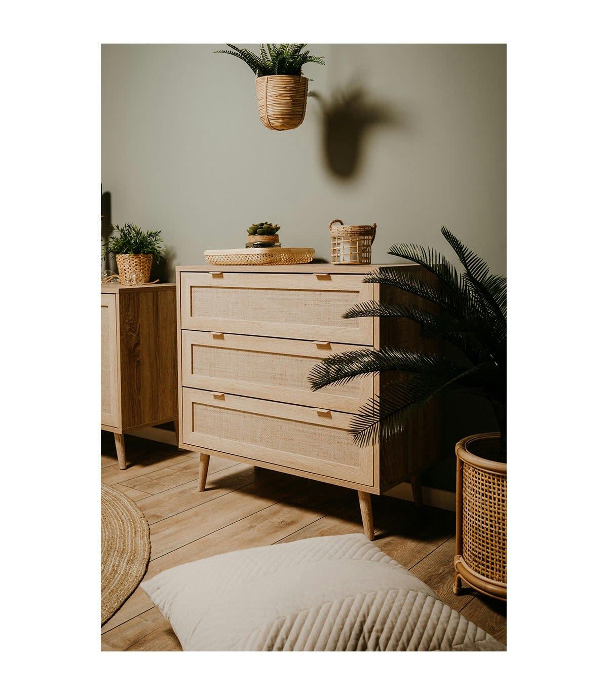 BALI - Commode 3 Tiroirs L80 cm - Impression effet rotin