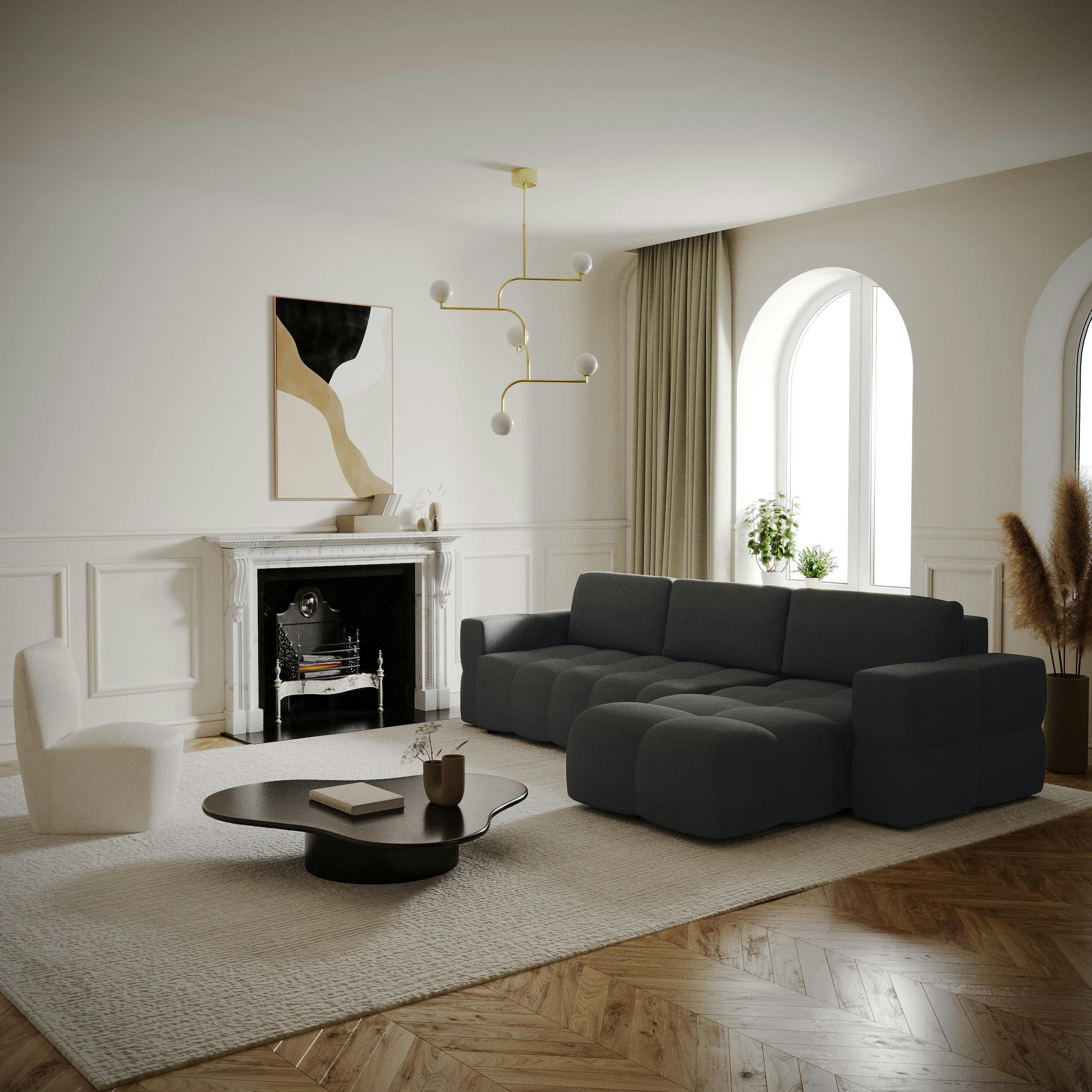 GABRIEL - Canapé d'angle droit convertible coffre tissu tramé gris 260x180cm