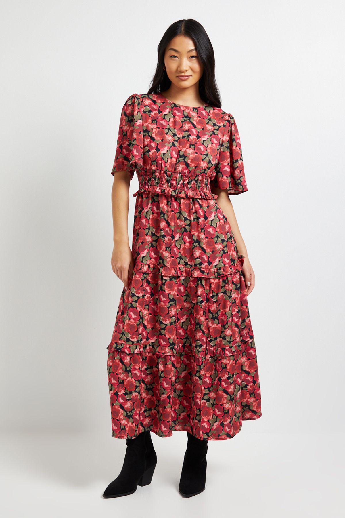Dorothy Perkins Petite Red Floral Shirred Waist Angel Sleeve Tiered Maxi Dress