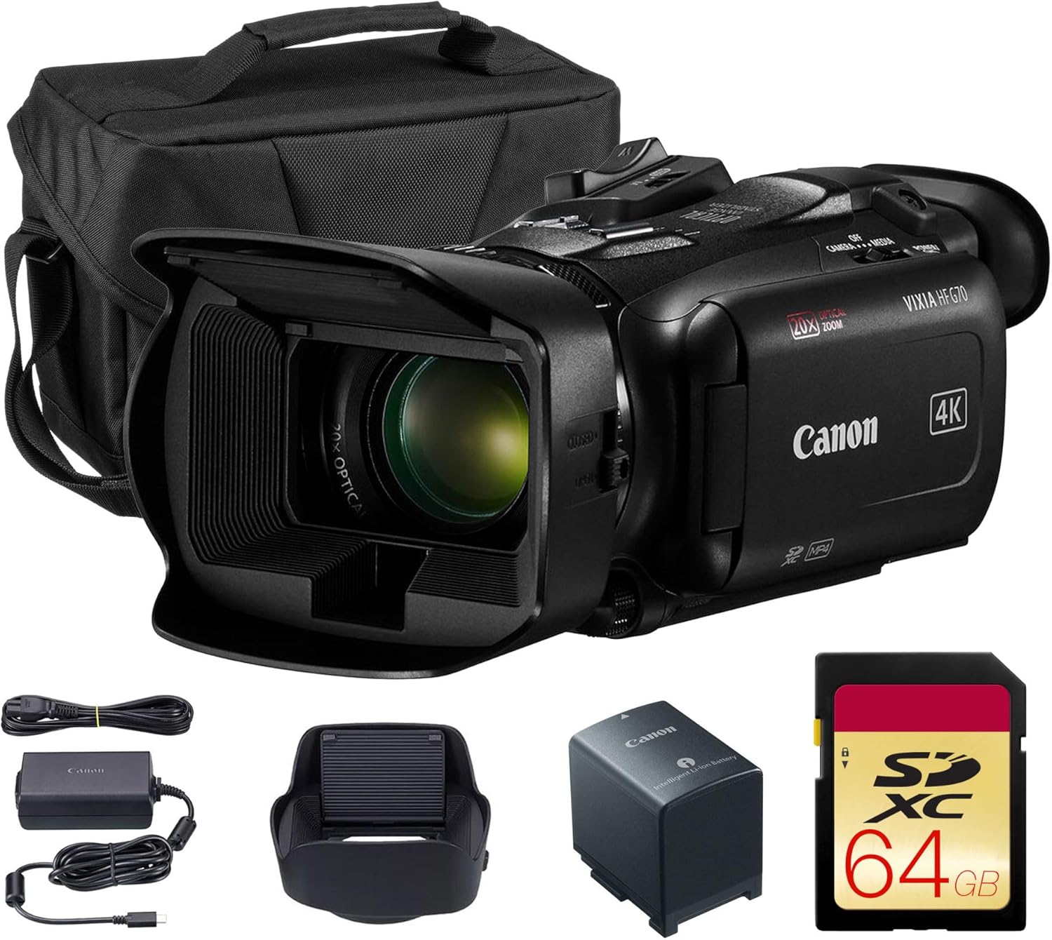 Canon VIXIA HF G70 4K Camcorder – UHD Video Camera with 20x Optical Zoom  1/2.3 CMOS Sensor  Dual SD Slots & HDMI Output (5734C002) + Shoulder Bag + 64GB Memory Card