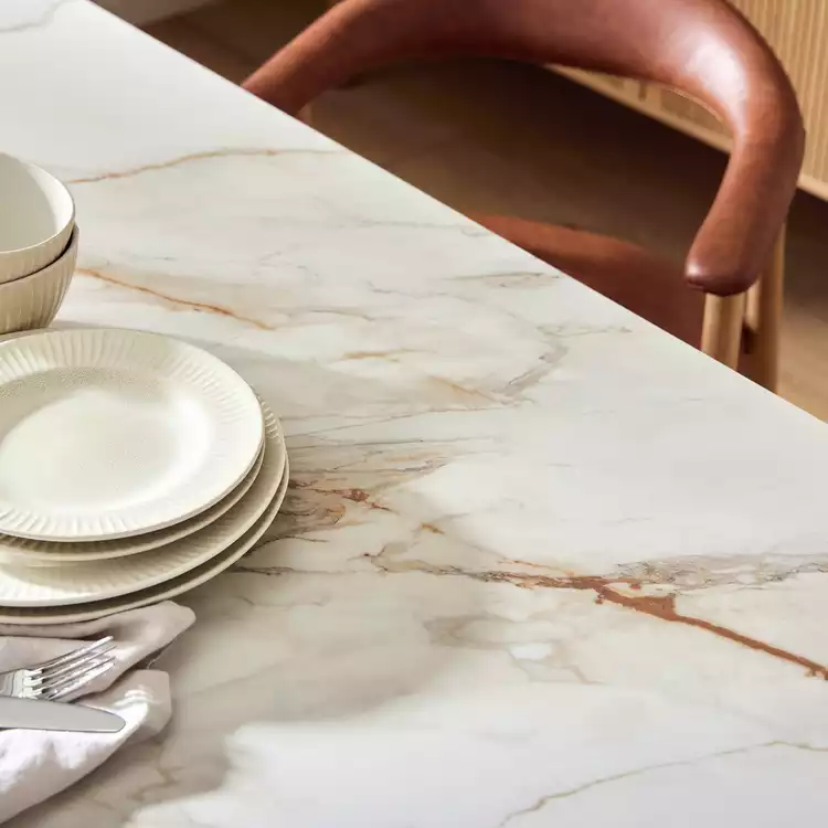 Habitat Lex Oak Dining Table & 6 Tan Chairs