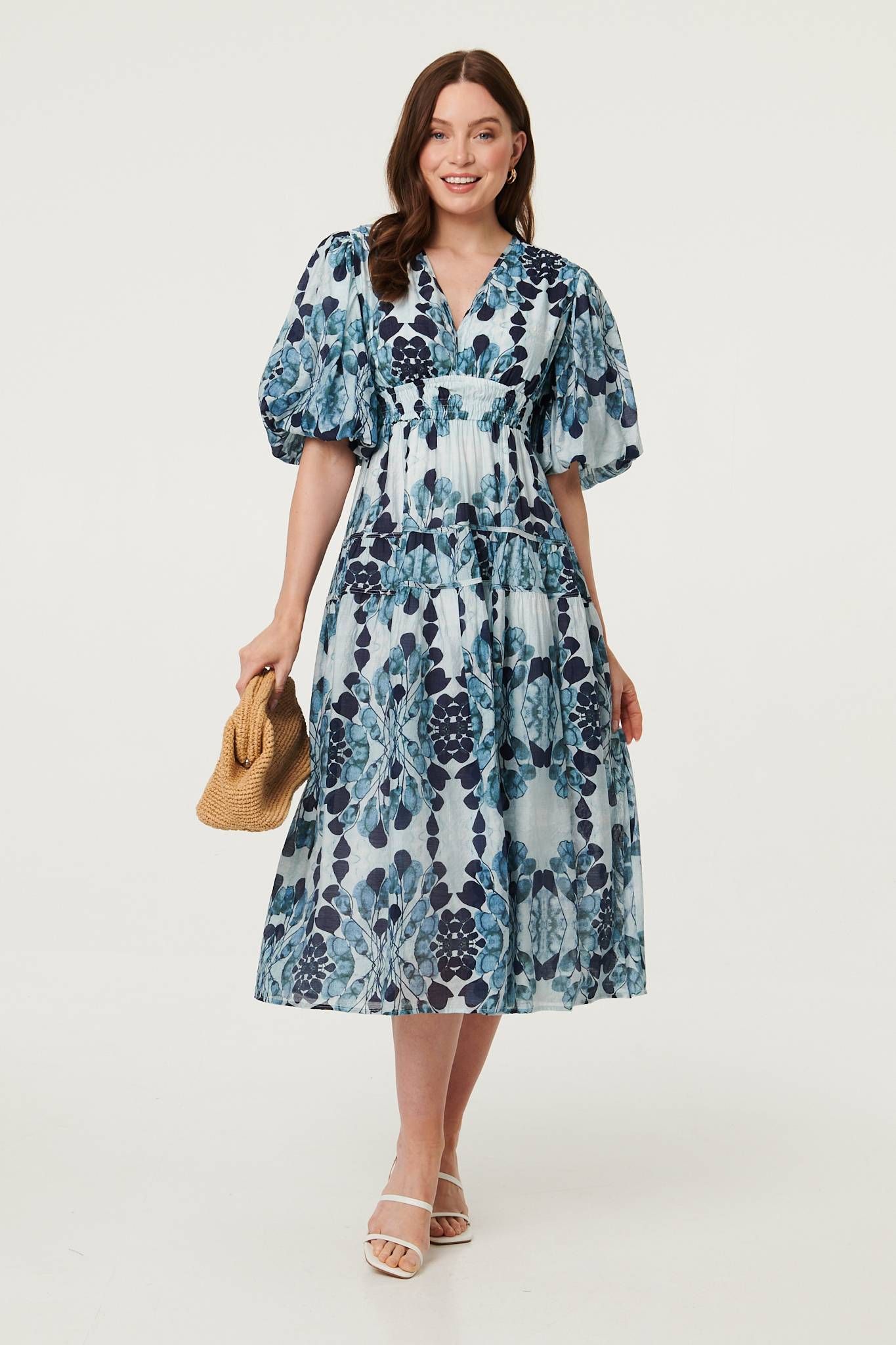Izabel London Floral 1/2 Puff Sleeve Tiered Midi Dress