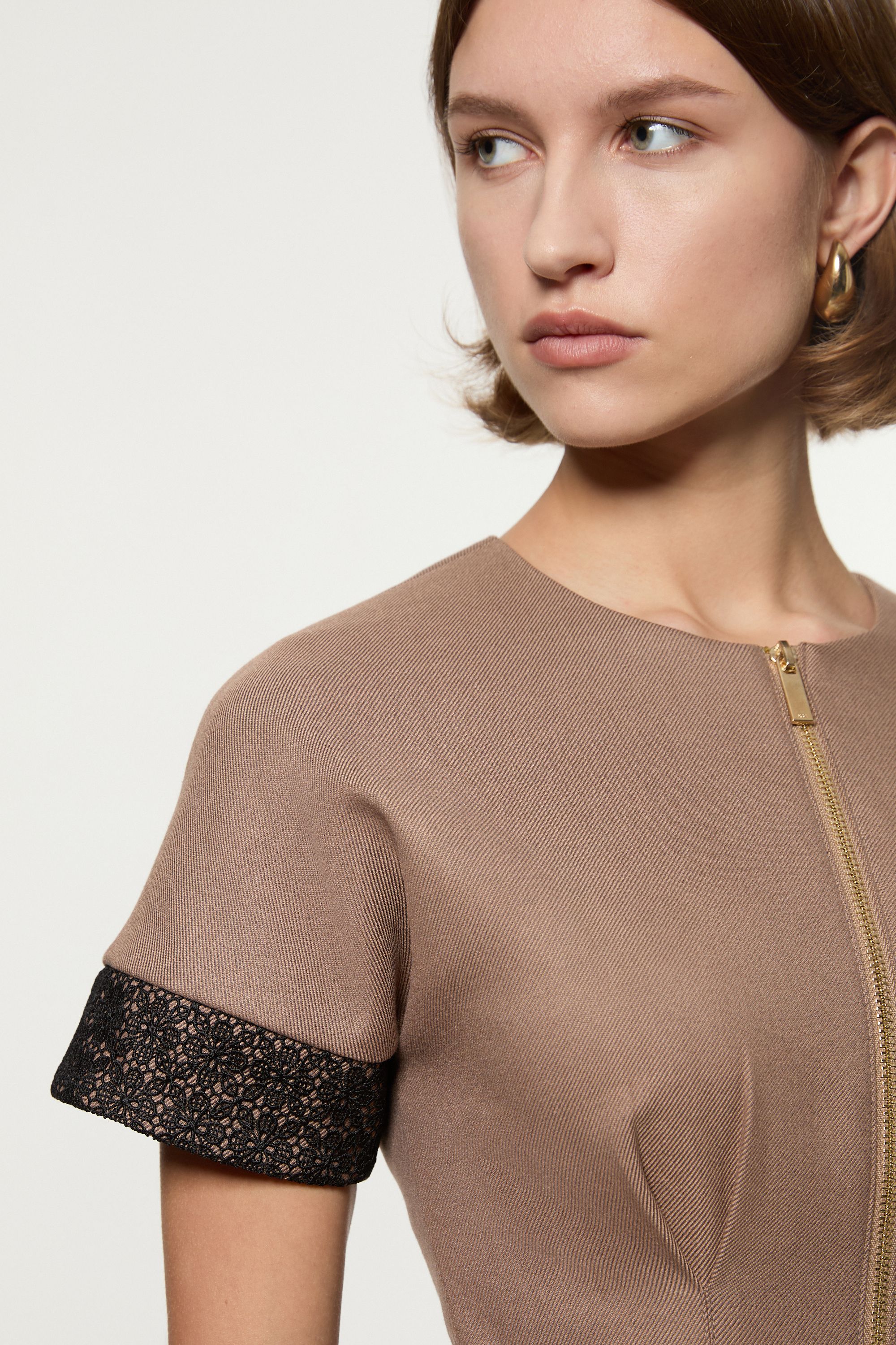 KarenMillen Petite Tailored Twill Lace Mix Zip Front Mini Dress