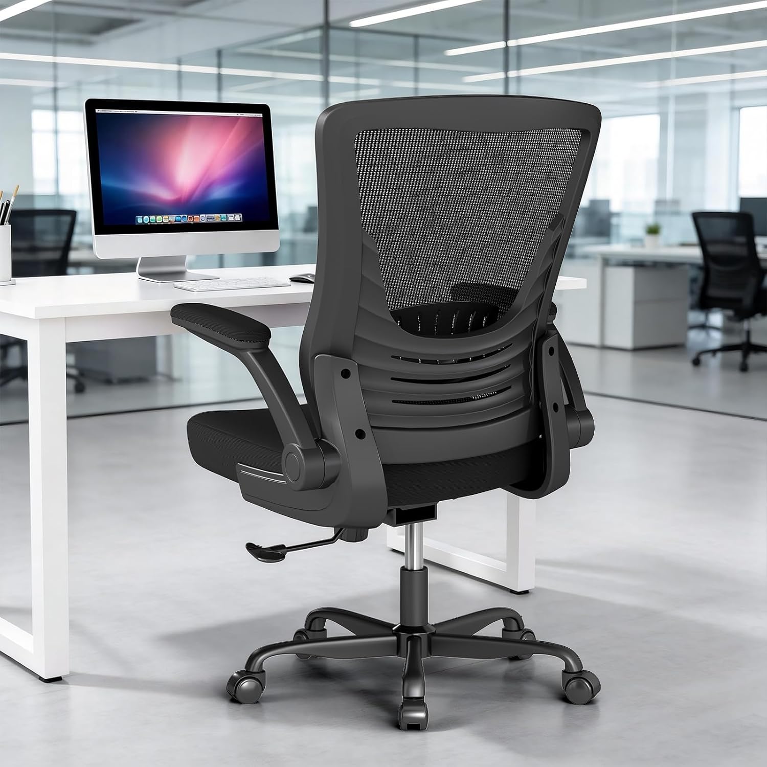 Ergonomic Office Chair, Mesh Desk Chair with Adjustable Height & Flip-Up Armrests, Comfortable Computer Chair for Long Hours, Silent Wheels for Home Office, 6-PCS