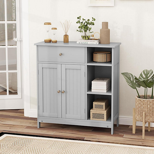 Meuble de Salle de Bain sur Pieds avec étagère Réglable, 1 Tiroir et 2 Portes, 3 Compartiments pour Salon, Chambre,Gris