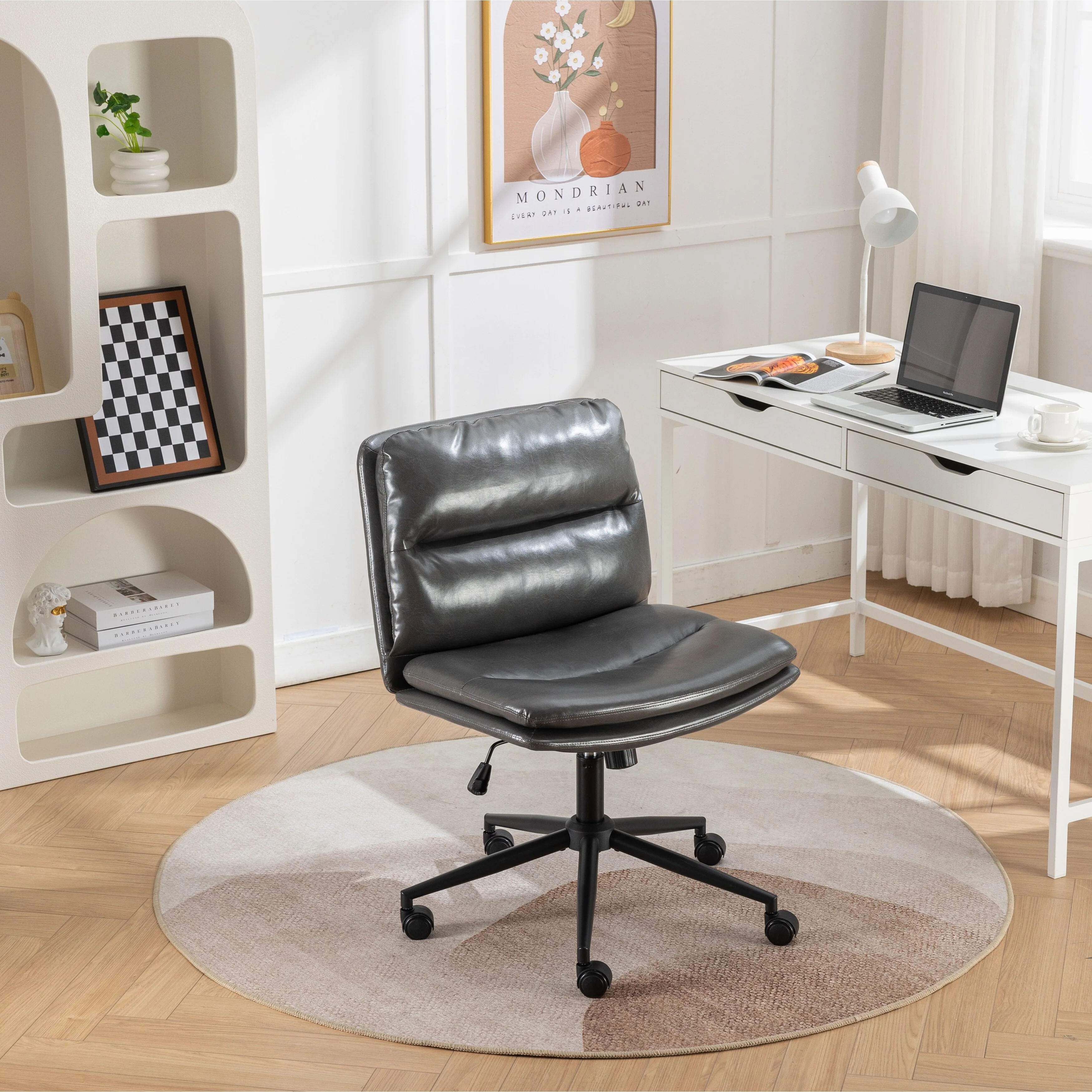 Armless Criss Cross Office Desk Chair, Vanity Chair with Wheels and Thickened Cushion, Ergonomic Adjustable Swivel Task Chair