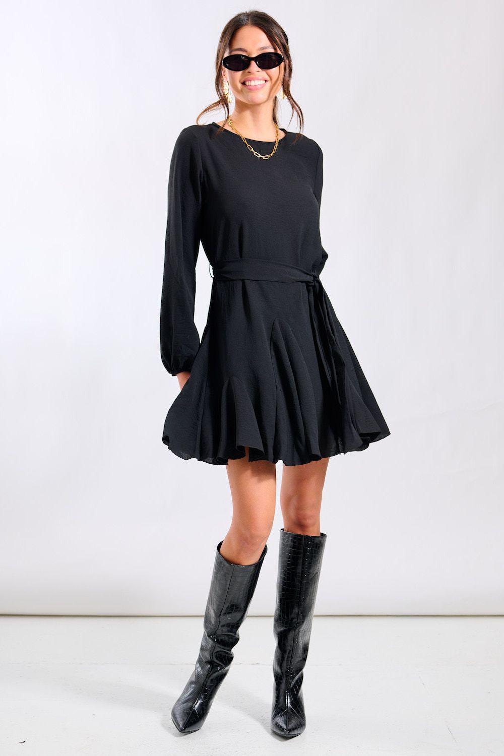 Needs No Label Black Crepe Belted Fit and Flare Dress
