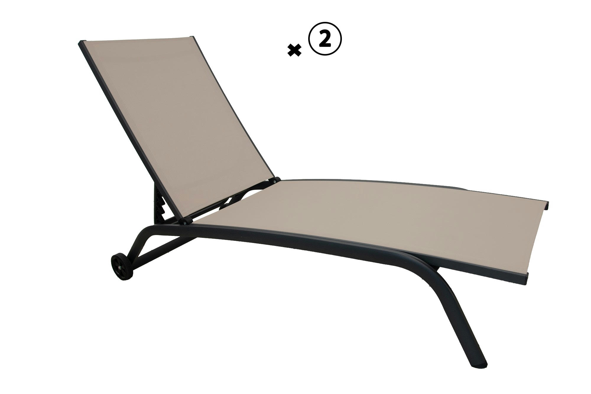 SEYCHELLES - Lot de 2 transats à roulettes aluminium et texaline taupe