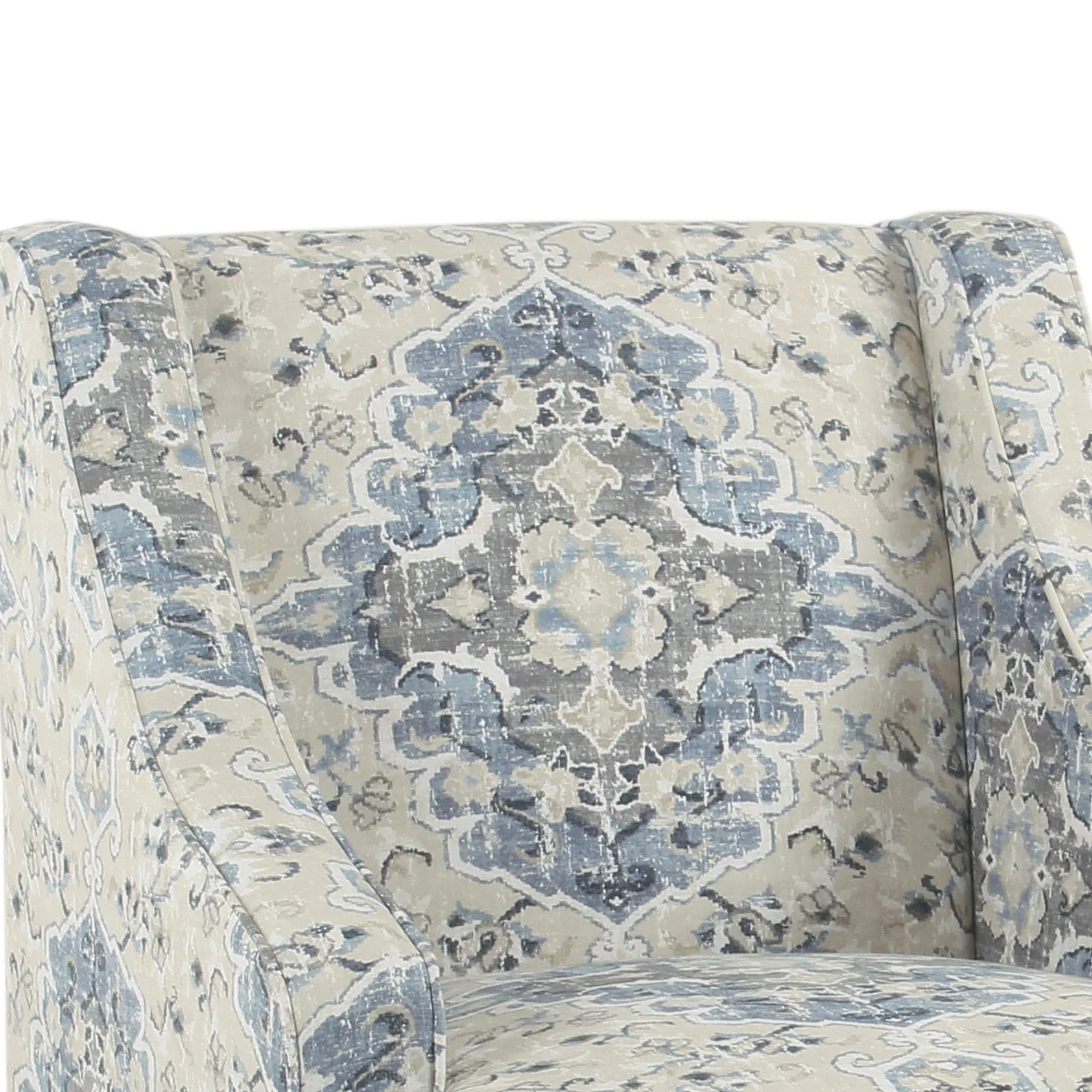 Fabric Upholstered Wooden Accent Chair with Swooping Armrests, Blue, Cream and Brown