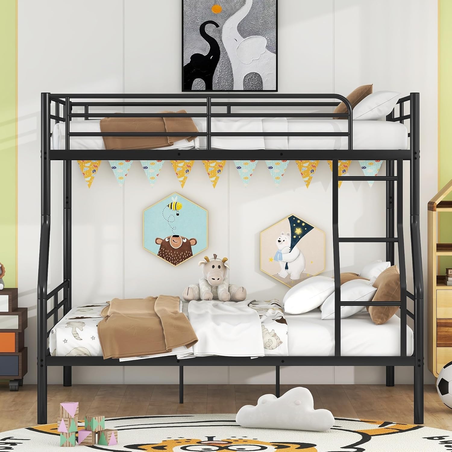Full XL Over Queen Metal Bunk Bed,Heavy-Duty Metal Bunk Bed Fame with Ladder&Full-Length Guardrails,Convertible into 2 Individual Twin Beds for Kids,Teens,and Adults,Under-Bed Storage Space,Black