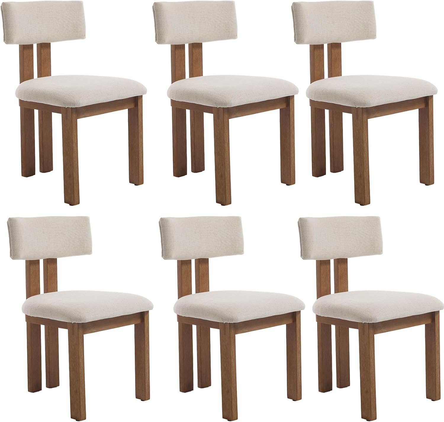 Kmax Farmhouse Dining Chair Set of 6, Linen Fabric Kitchen Chair Curved Back Armless Dining Room Chairs with Walnut Wood Legs for Family Diner, White
