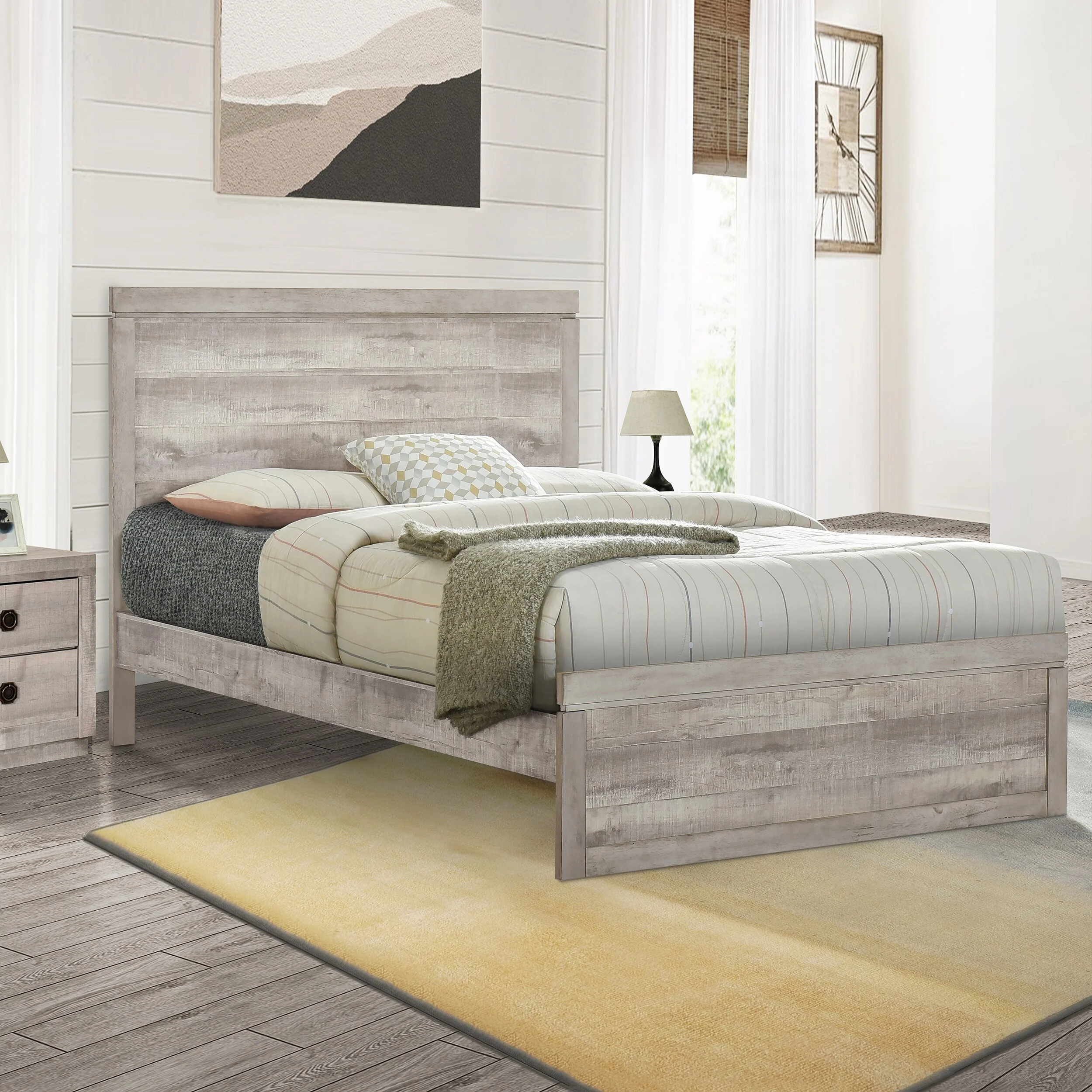 Rustic Full Size Pine Wood Platform Bed with Slats - Farmhouse Design