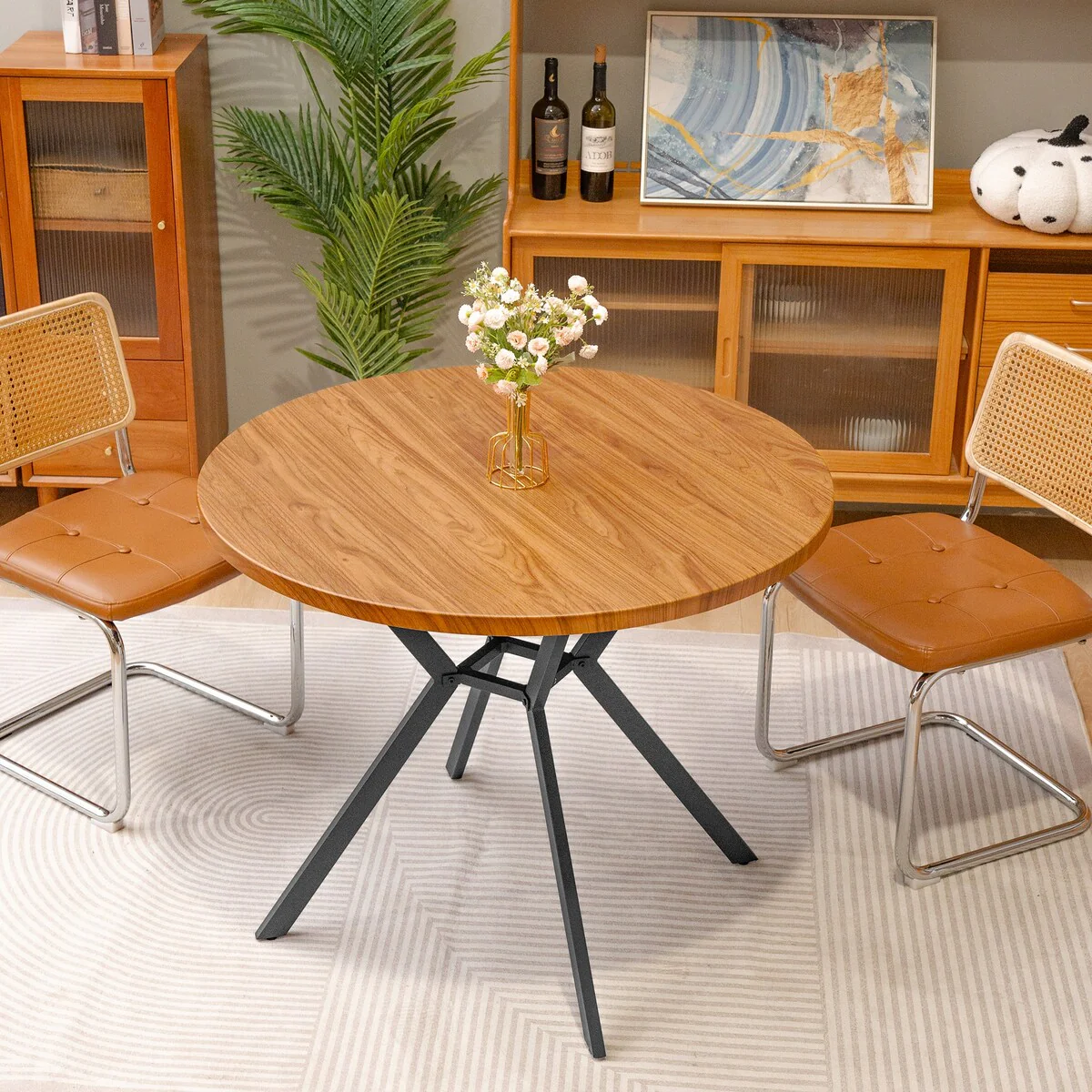 Grondin Modern Farmhouse Style 38.6“ Round Dining Table with 1.18 Thick MDF Tabletop and Pedestal Cross Metal Legs