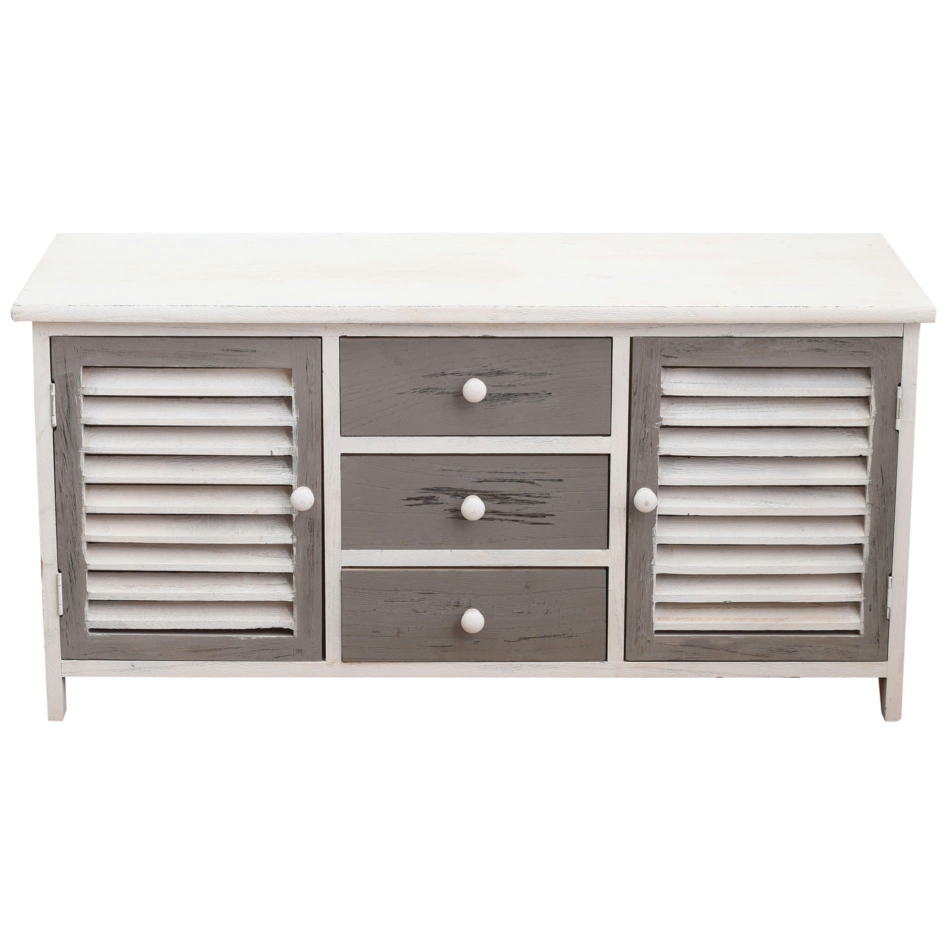 MY HOME - Buffet bas avec 3 tiroirs 2 portes en bois blanc et gris