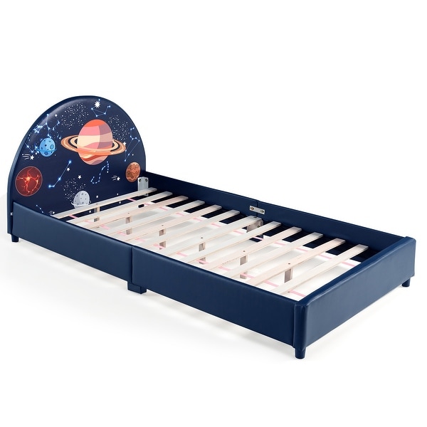 Costway Kids Upholstered Platform Bed Children Twin Size Wooden Bed