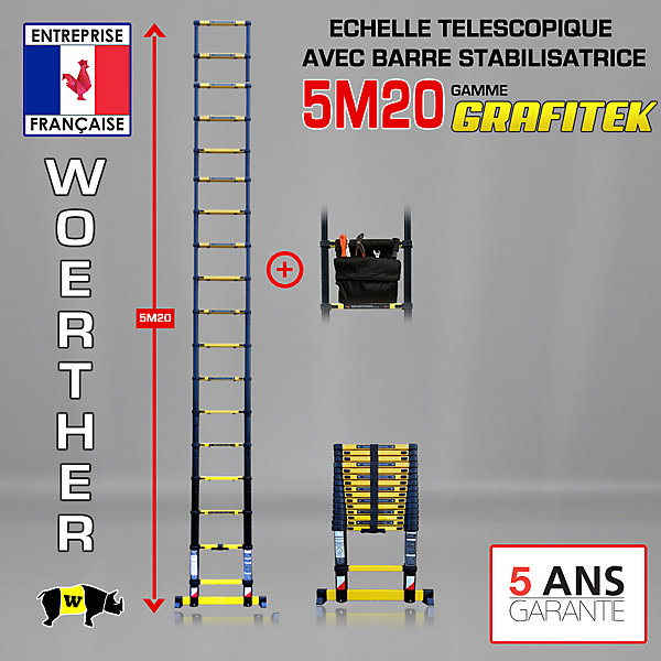 Echelle télescopique Woerther 5m20 avec barre stabilisatrice plus sac porte outils