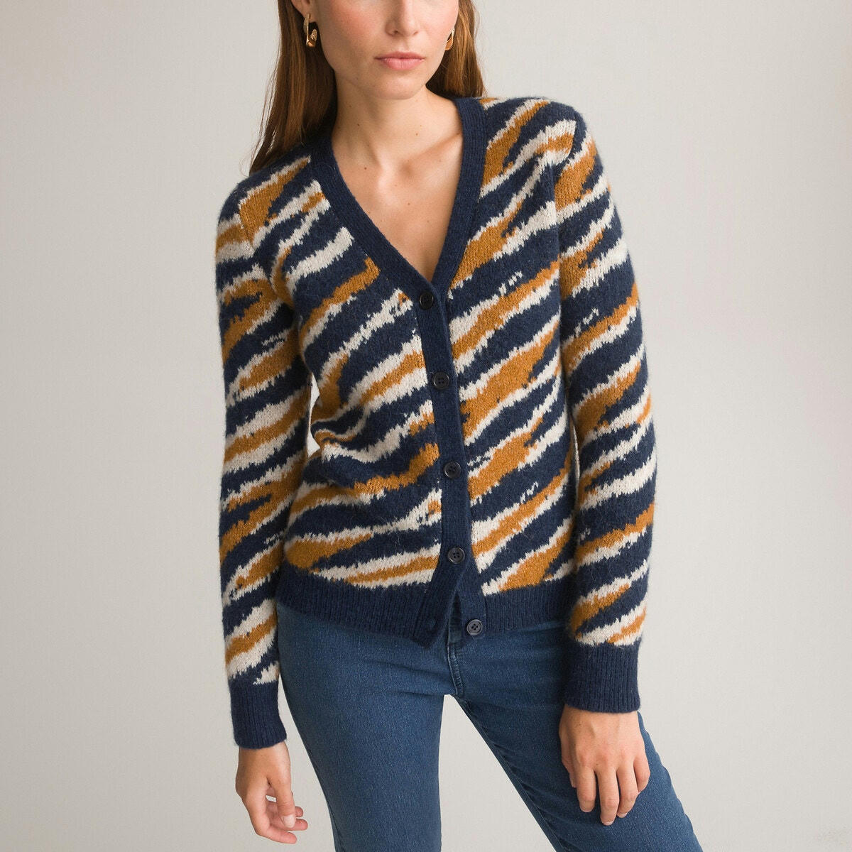 Gilet col V en grosse maille, boutonné