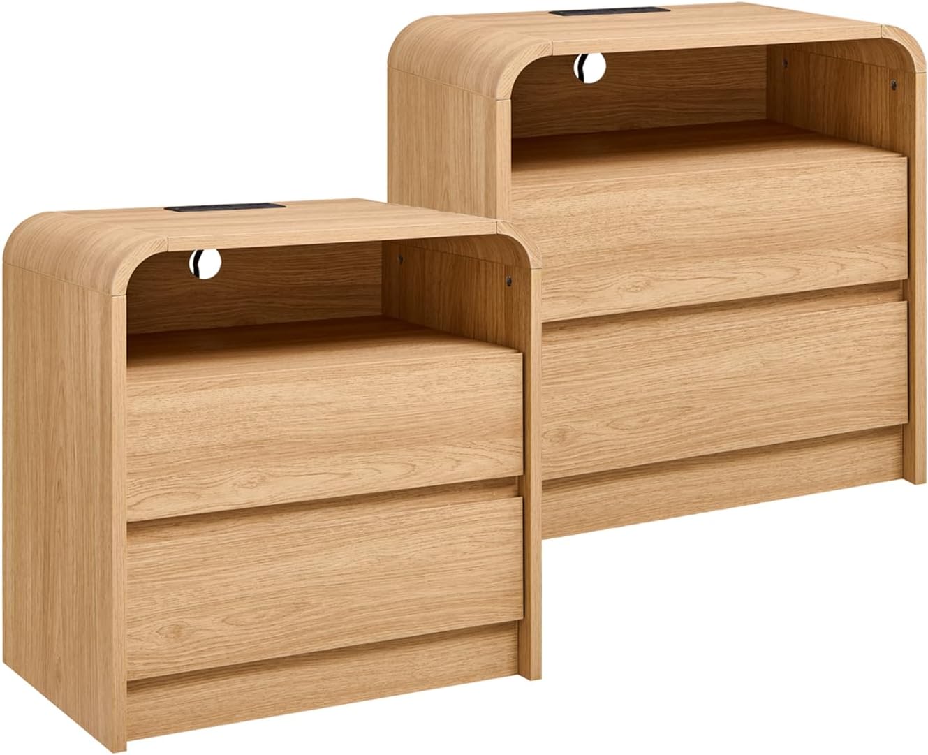 25 Tall Modern Nightstand Set of 2, 23.6'' Wide Wood Bedside Table w/2 Storage Drawers, Charging Station, Mid Century End Table for Bedroom, Living Room,Curved Profile Design, Natural Oak | Modern, Set of 2, Bedside Table, 2 Storage Drawers, Chargin