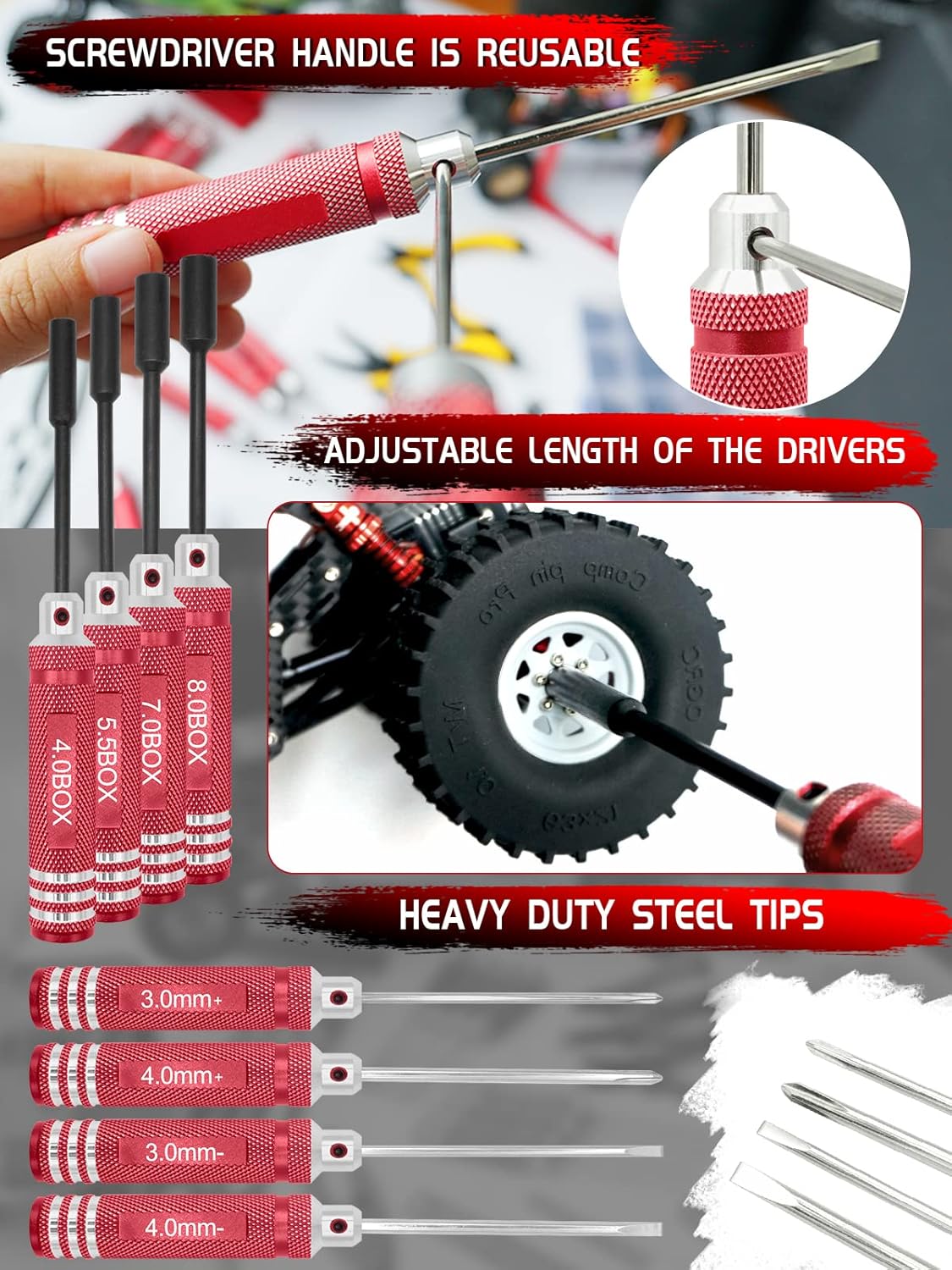 RC Tool Kit Screwdriver Set (Flat, Phillips, Hex) Metal Holder, RC Work Stand, 522PCS Screw Kit, Pliers Set, Body Reamer, Wrench, Tray, Repair Tool for RC Car Boat Quadcopter Helicopter -27pcs (Red)