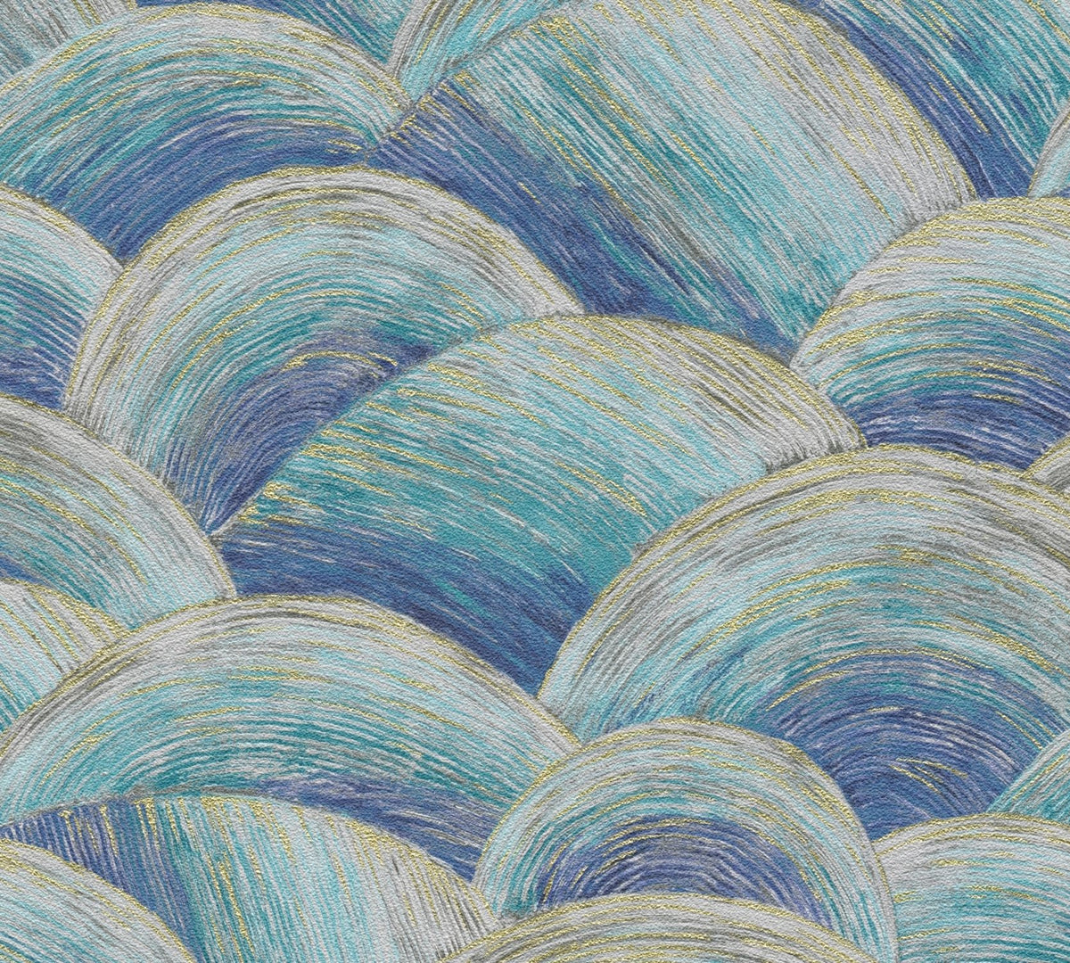 Livingwalls behang art deco bogen blauw, turquoise, goud en grijs - 53 cm x 10.05 m - AS-391051