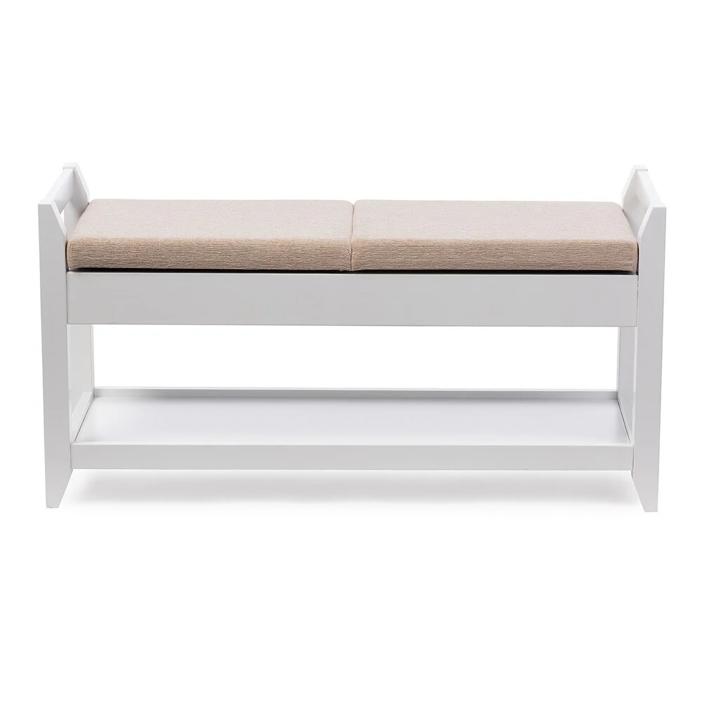 Baxton Studio Quaid Contemporary White Wood Shoe Storage Bench with Beige Fabric Upholstered Seat Cushions and Lift-top Hinges