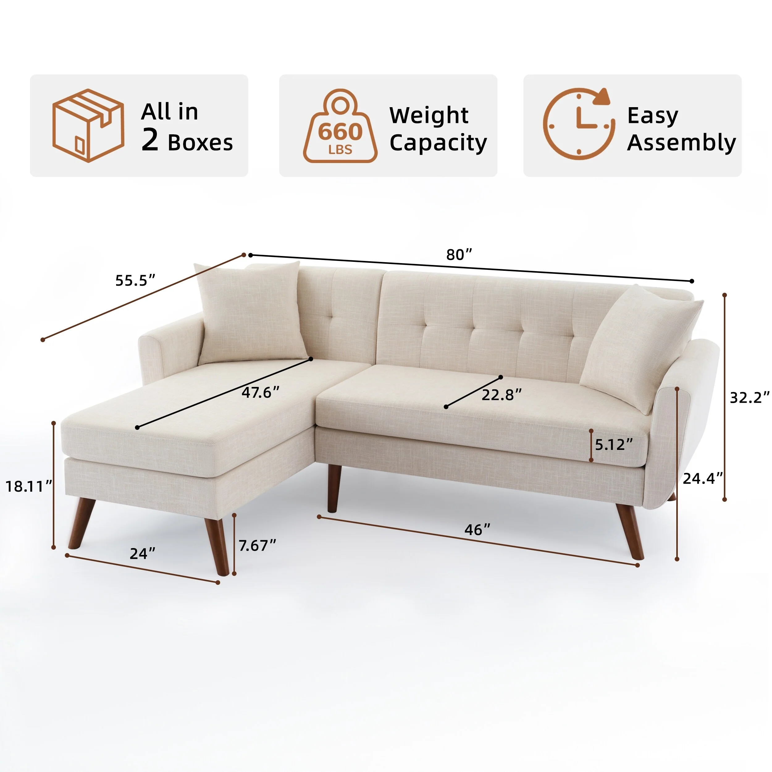 Modern L Shaped Sectional Sofa with Velvet Upholstery and Tufted Backrests and Metal Legs for Apartments or Living Rooms