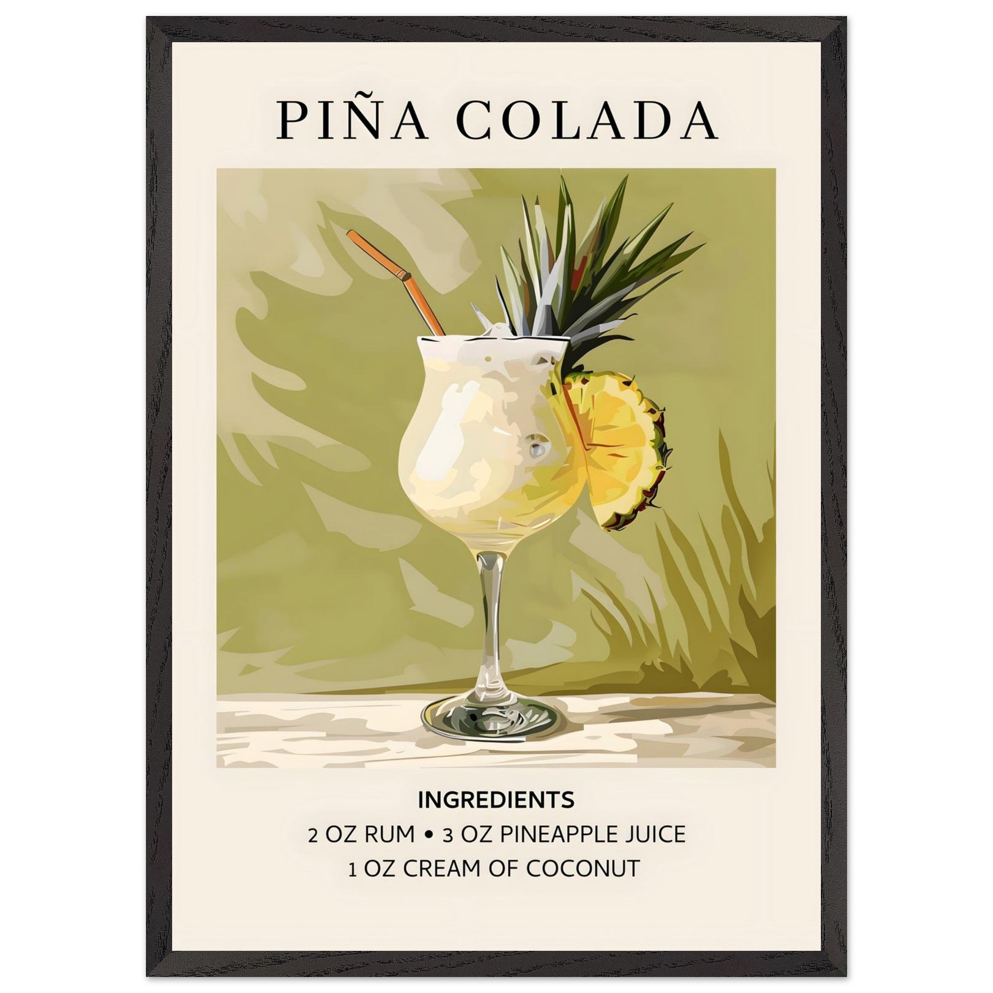 Artfulprints Poster met Lijst Piña Colada cocktail - Ingrediënten  - 50x70 cm - Groen