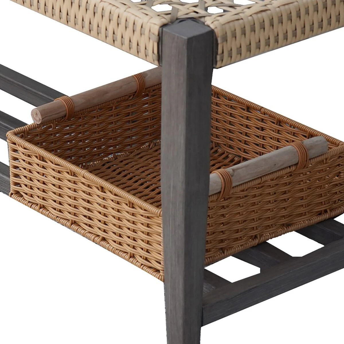 Outdoor Wicker Bench with Rack In Full Iron Frame With Woodgrain