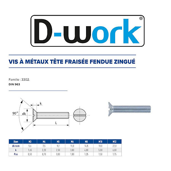 500 Vis Métaux Tête Fraisée Fendue 3 x 20 mm - DIN 963 - Zingué blanc - D-Work