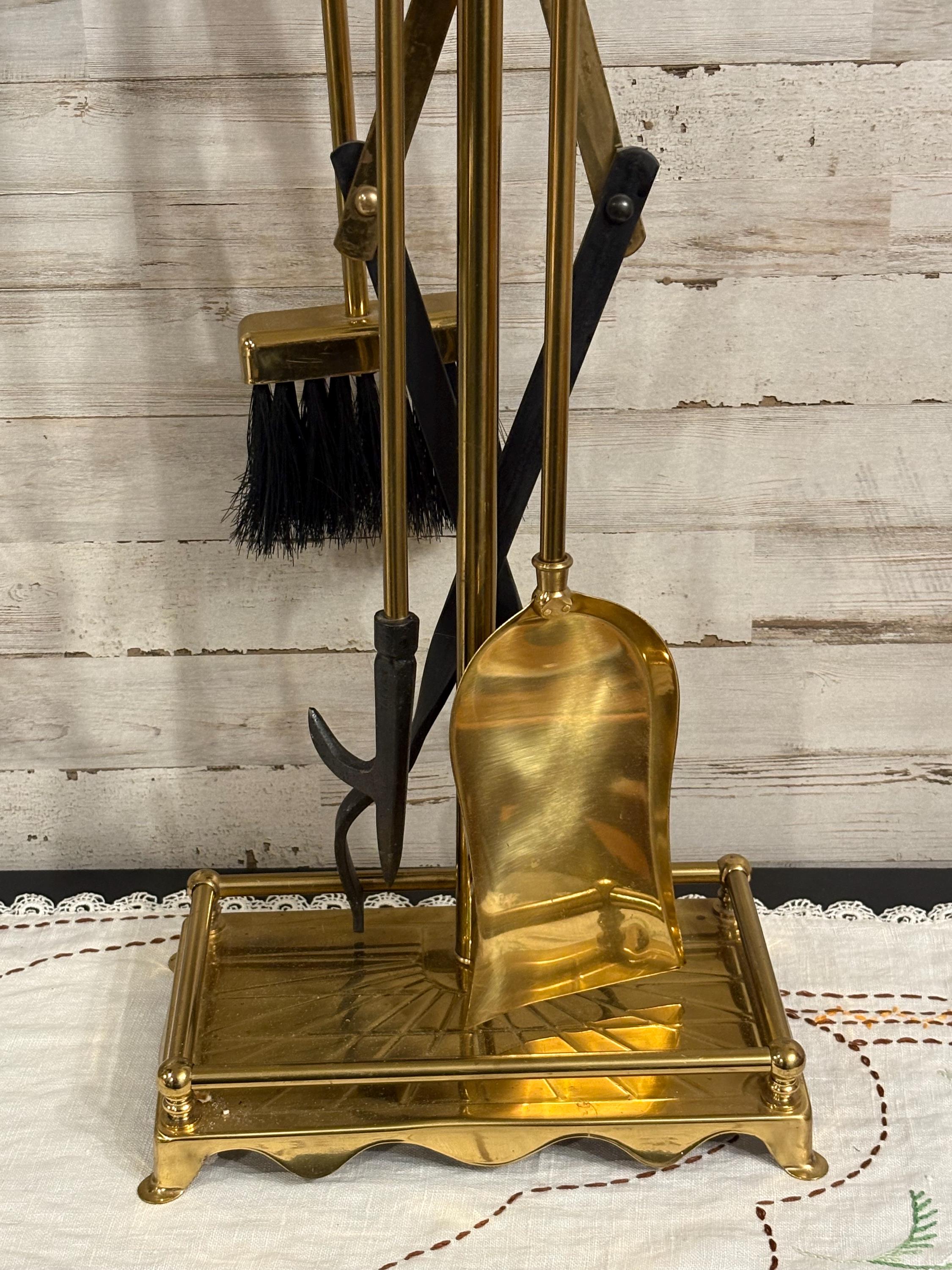 Vintage Mid-Century Polished Brass Fireplace Tool Set with Stand