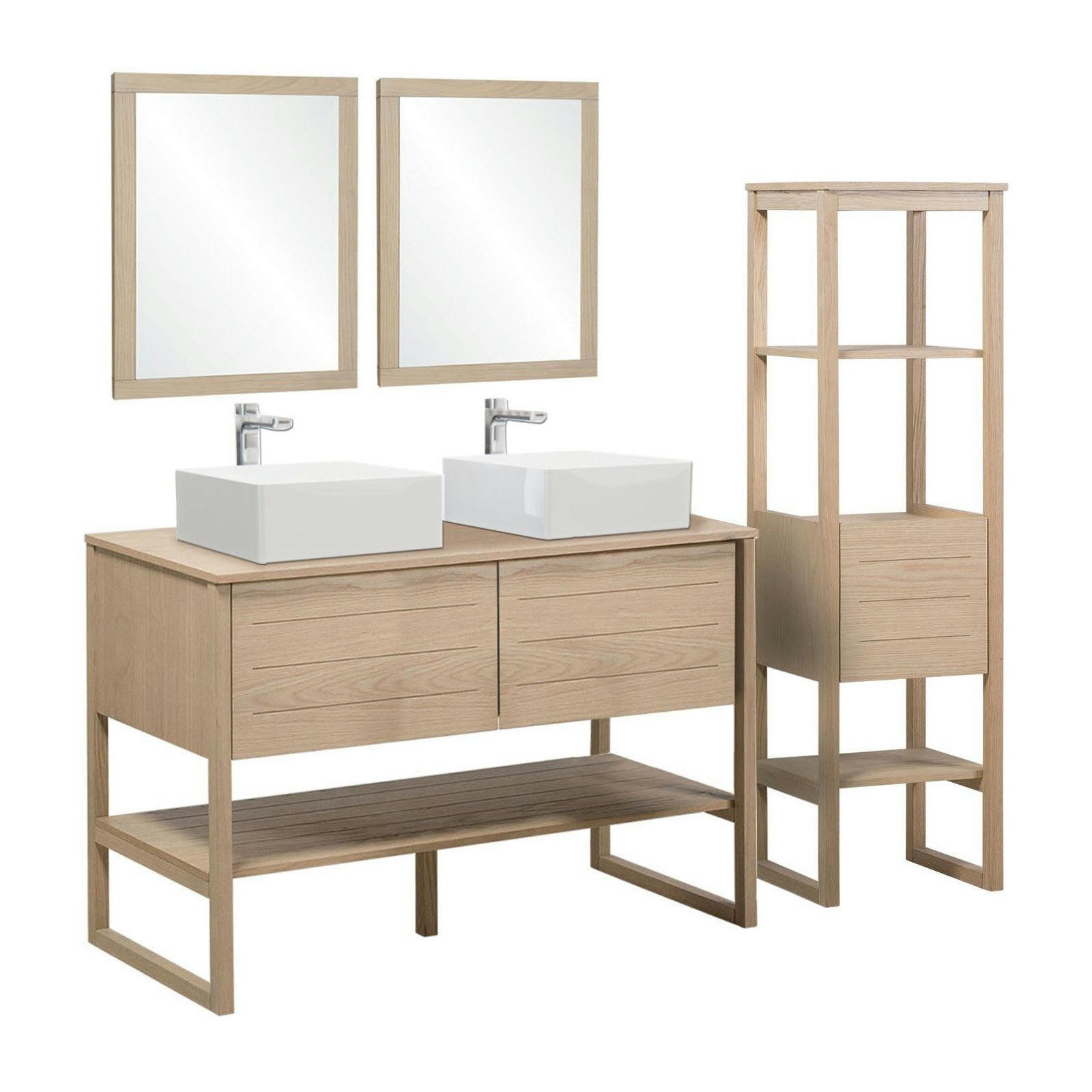 ATOLL - Meuble sous vasque plaqué chêne naturel  120cm+vasque+miroir carré+co