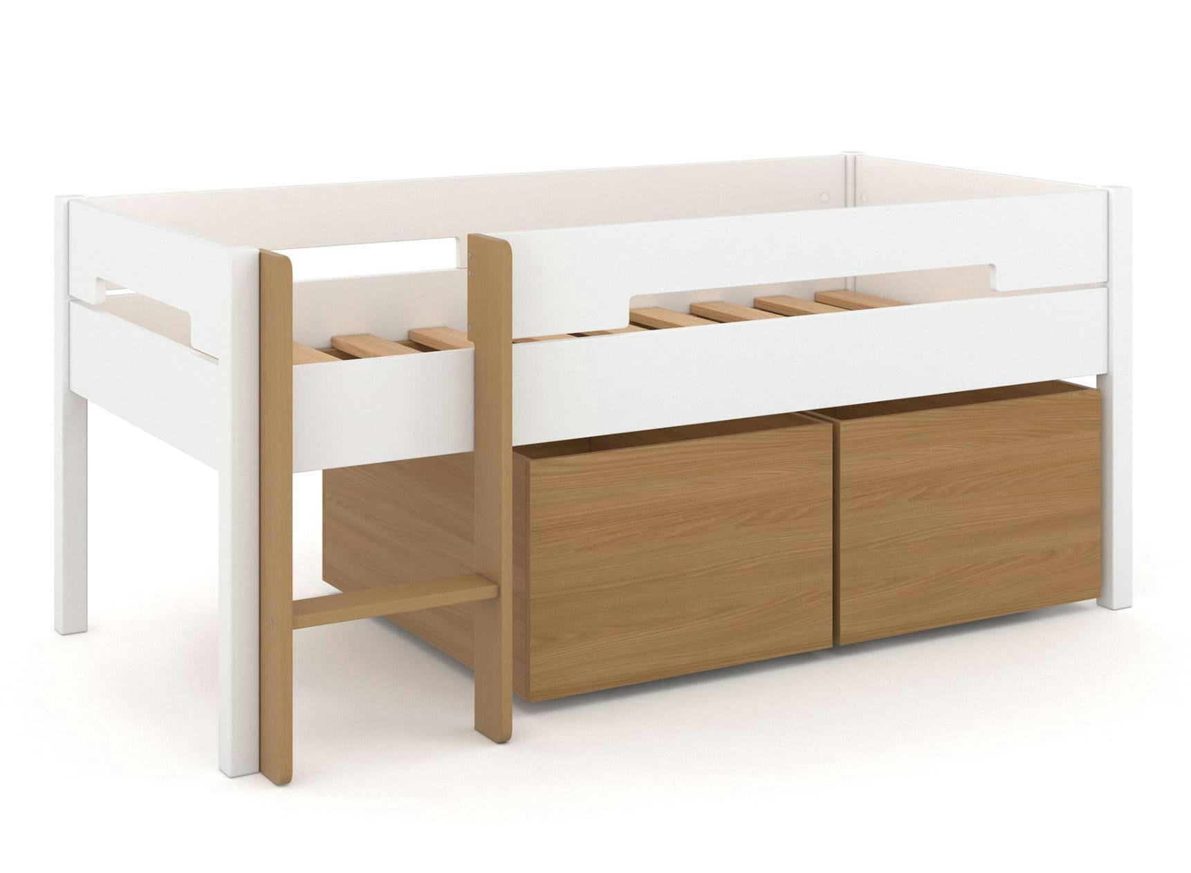 ANGEL - Lit mi-hauteur avec rangement Blanc et Bois