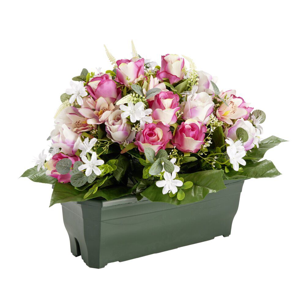 Composition florale artificielle rose orchidée bruyère jardinière L50xH42cm