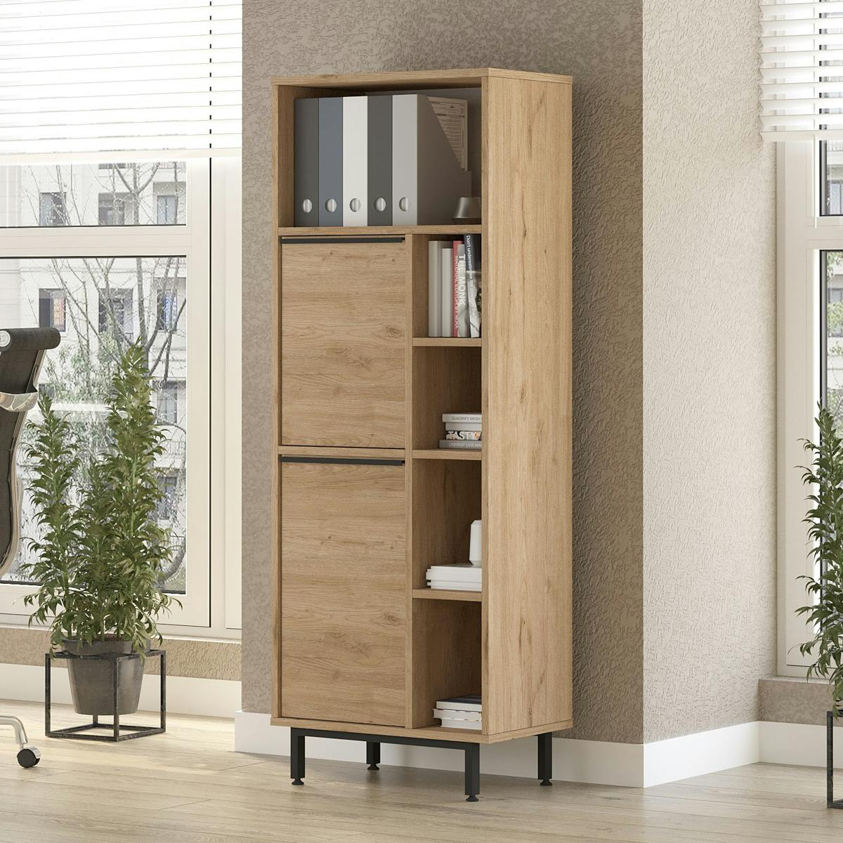 Meuble rangement bureau décor bois 2 portes 4 niches JENA