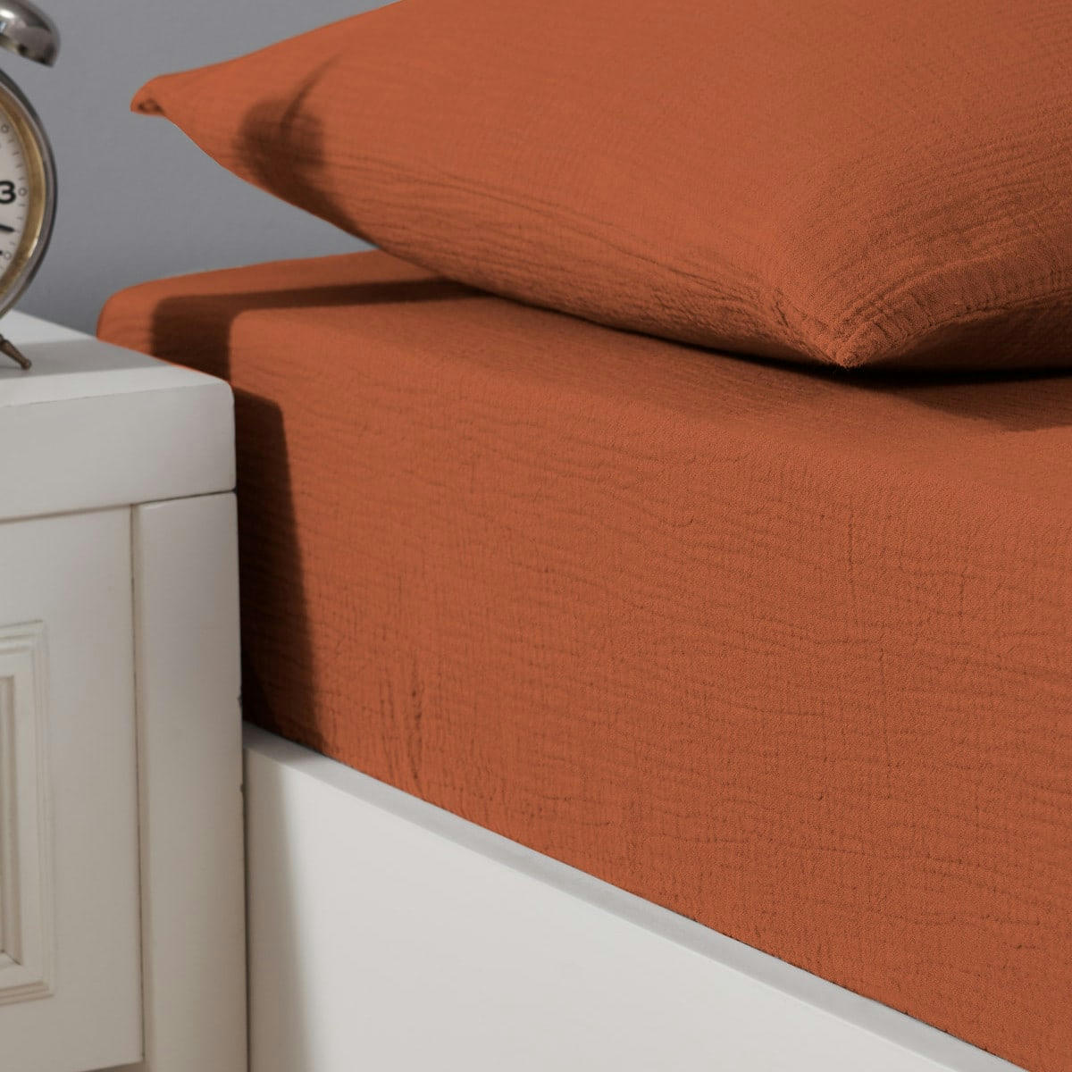 LOFT - Drap housse en gaze de coton bonnet 30 cm  brique 90x200 cm