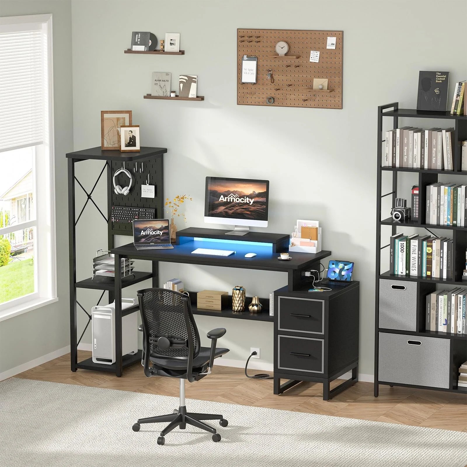 ‌53 Reversible Office Desk with Power/LED, 2 Drawers & Gaming Setup - Monitor Stand/Shelves/Pegboard, Black