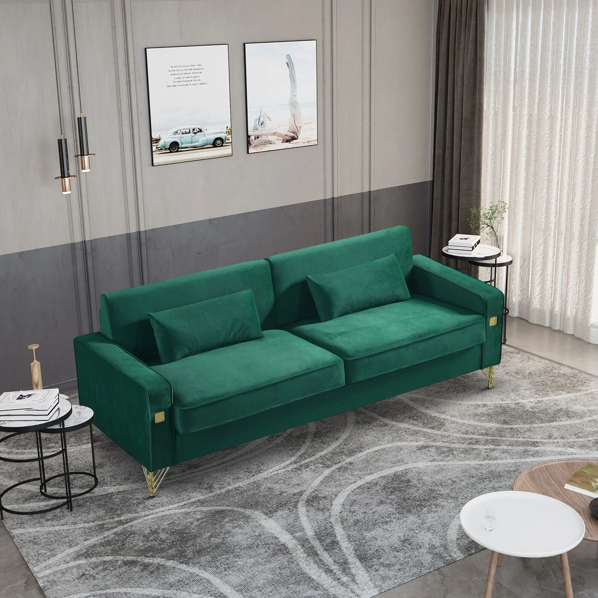 Green 85.44'' Velvet 3-Seater Sofa with 2 Pillows, Gold Metal Legs, High-Density Foam