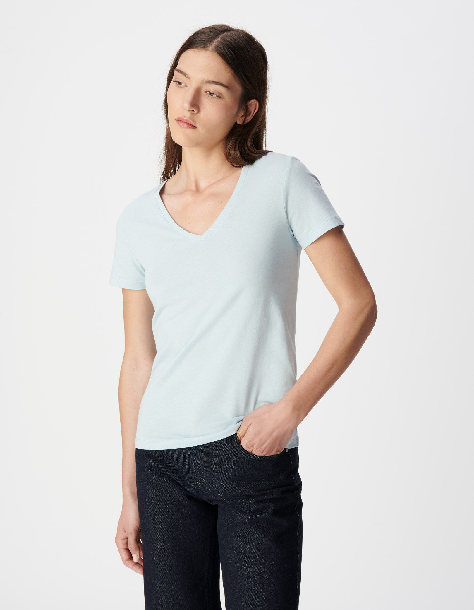 Tee-shirt col V bleu Femme