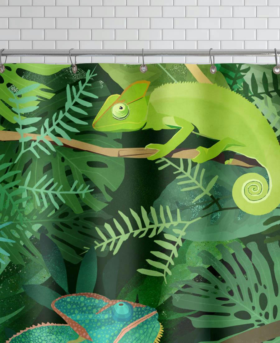 CHAMELEONS - Rideau de douche en polyester en vert 150x200