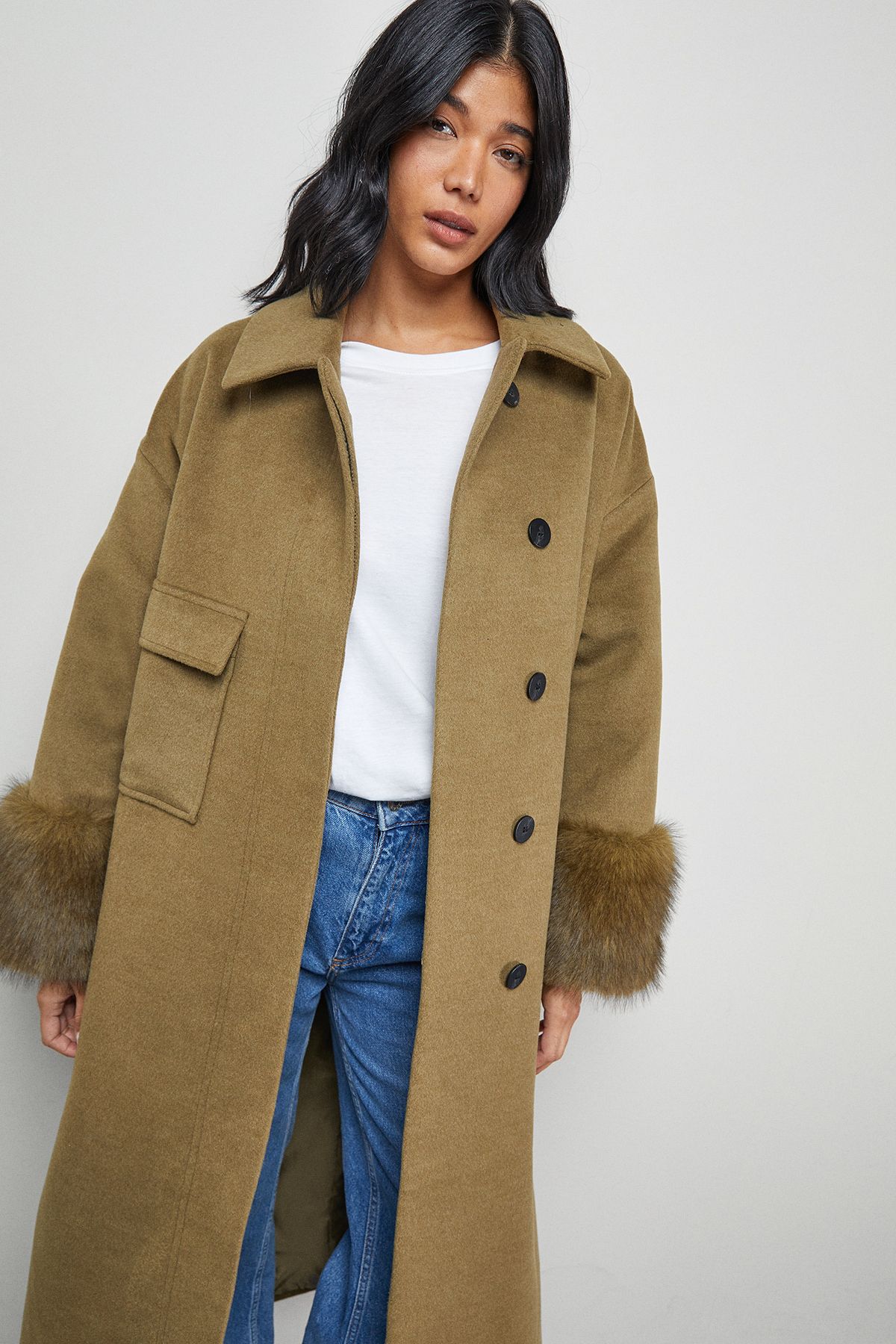 Warehouse Patch Pocket Faux Fur Cuff Maxi Coat