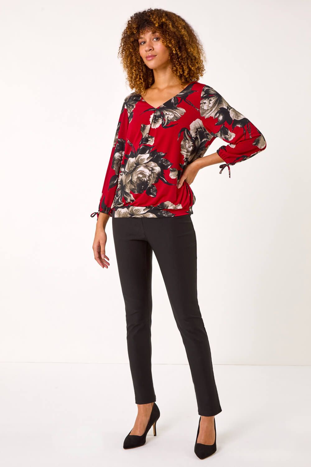 Roman V-Neck Floral Print Tie Sleeve Top
