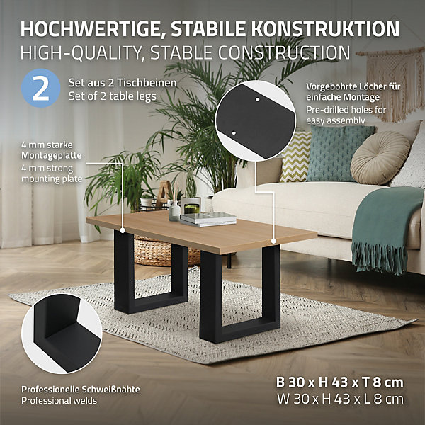 Lot de 2 pieds de table ECD Germany forme rectangulaire 30x43 cm noir acier revêtu par poudre